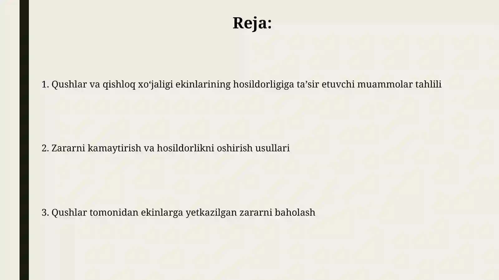 Qushlar va qishloq xoʻjaligi ekinlari hosildorligi bilan bo'gliq muammolar tahlili 2