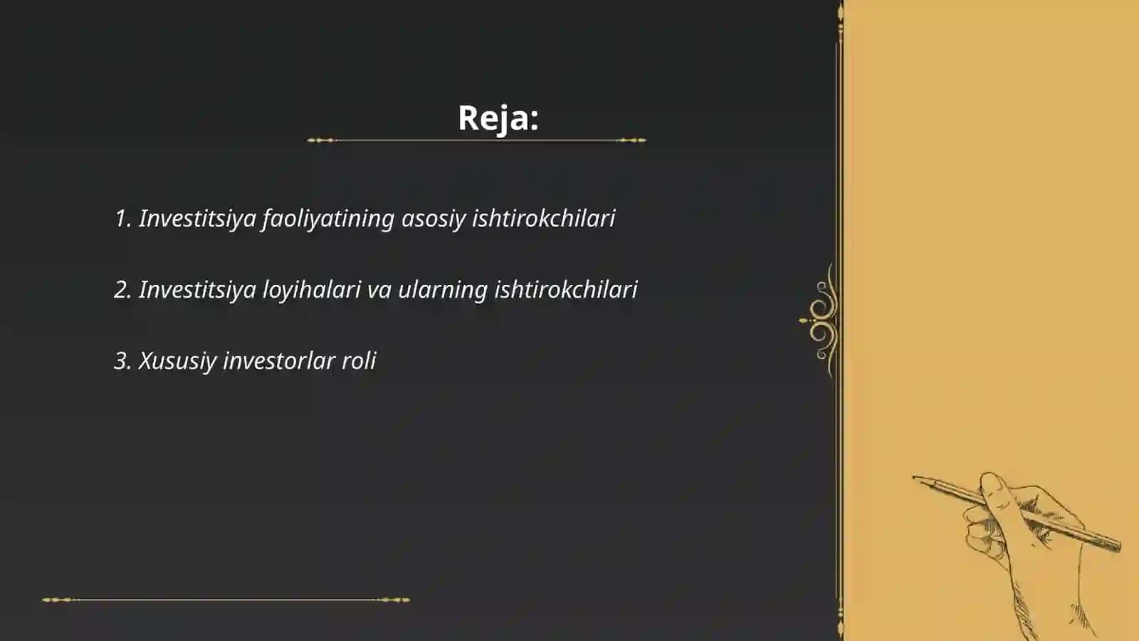 Investitsiya faoliyatining ishtirokchilari, obyekti va subyektlari Xudoyorov Diyorbek 2