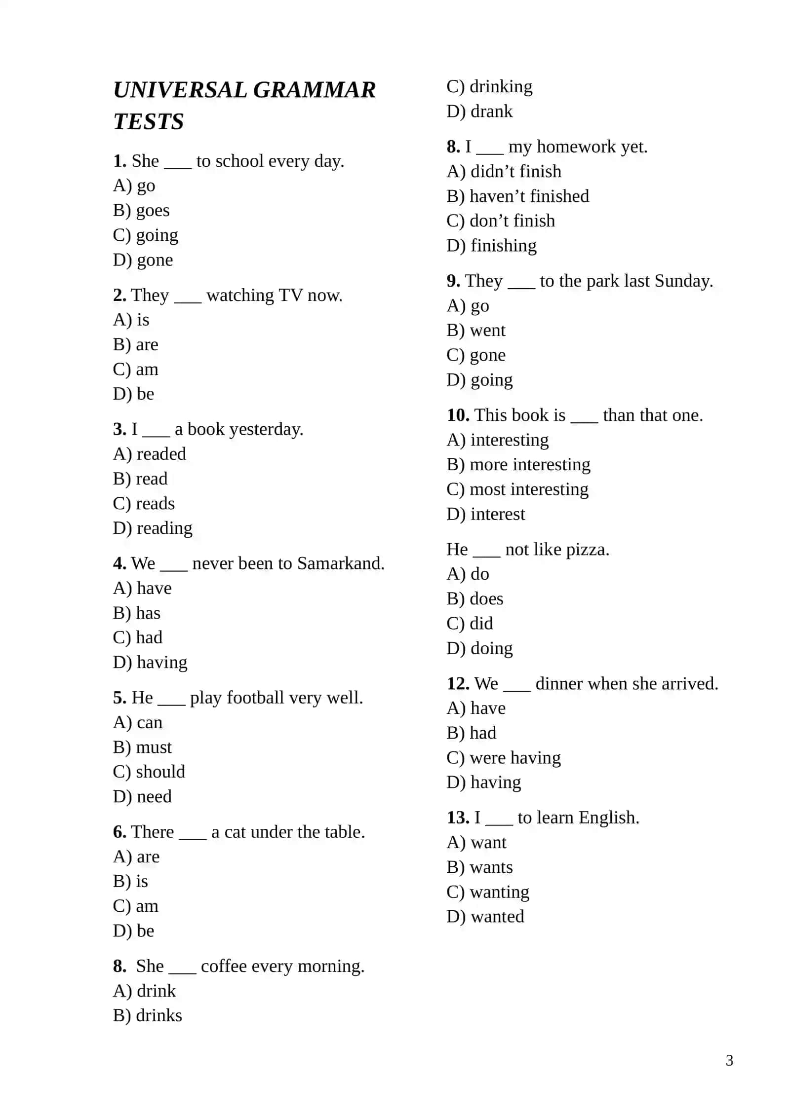UNIVERSAL GRAMMAR TESTS, Inglizcha Multiple choice testlari 2