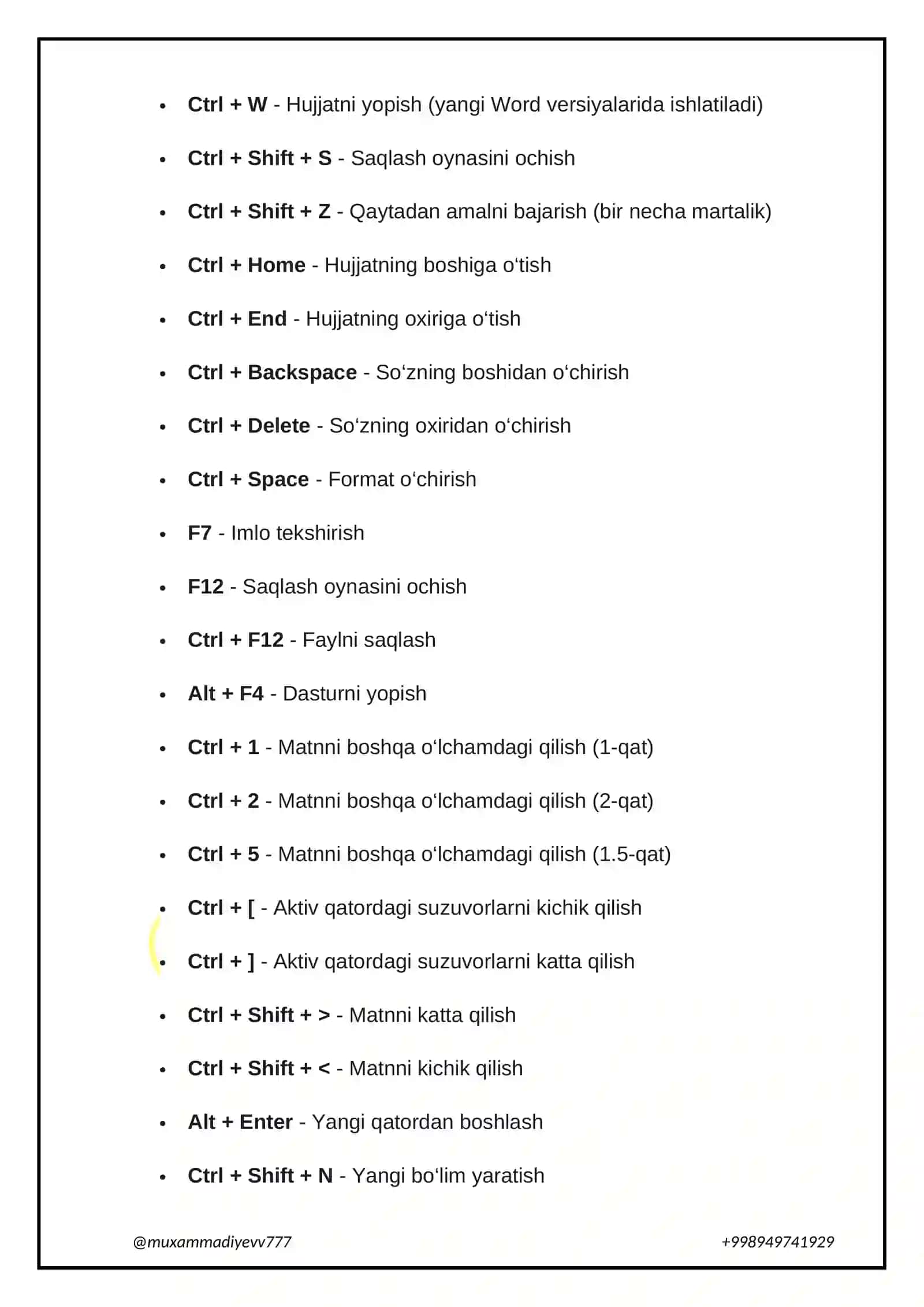 Umumiy tezkor tugmalar : shortcuts 2
