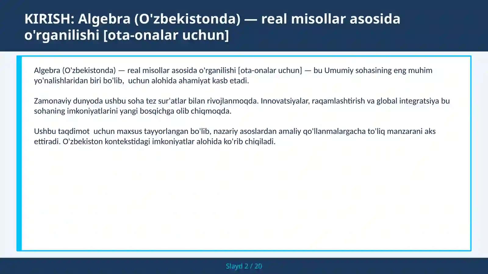 Algebra (O'zbekistonda) — real misollar asosida o'rganilishi [OTA-ONALAR UCHUN] 2