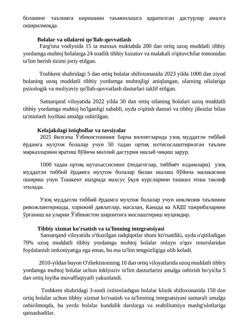 Uzoq davolanish chora tadbirlariga muhtoj bolalar huquqlari va ta'limga bo'lgan ehtiyojlari 2
