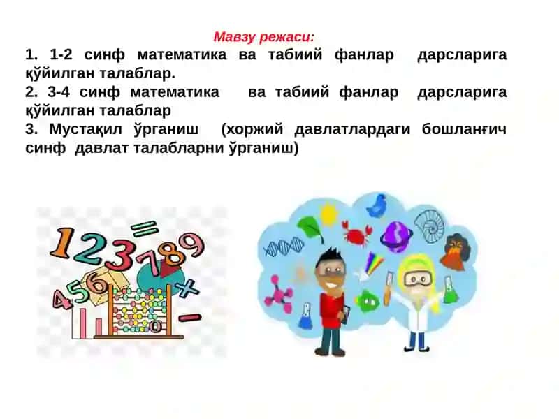 Бошланғич синф математика ва табиий фанлар дарсларига қўйилган талаблар 2