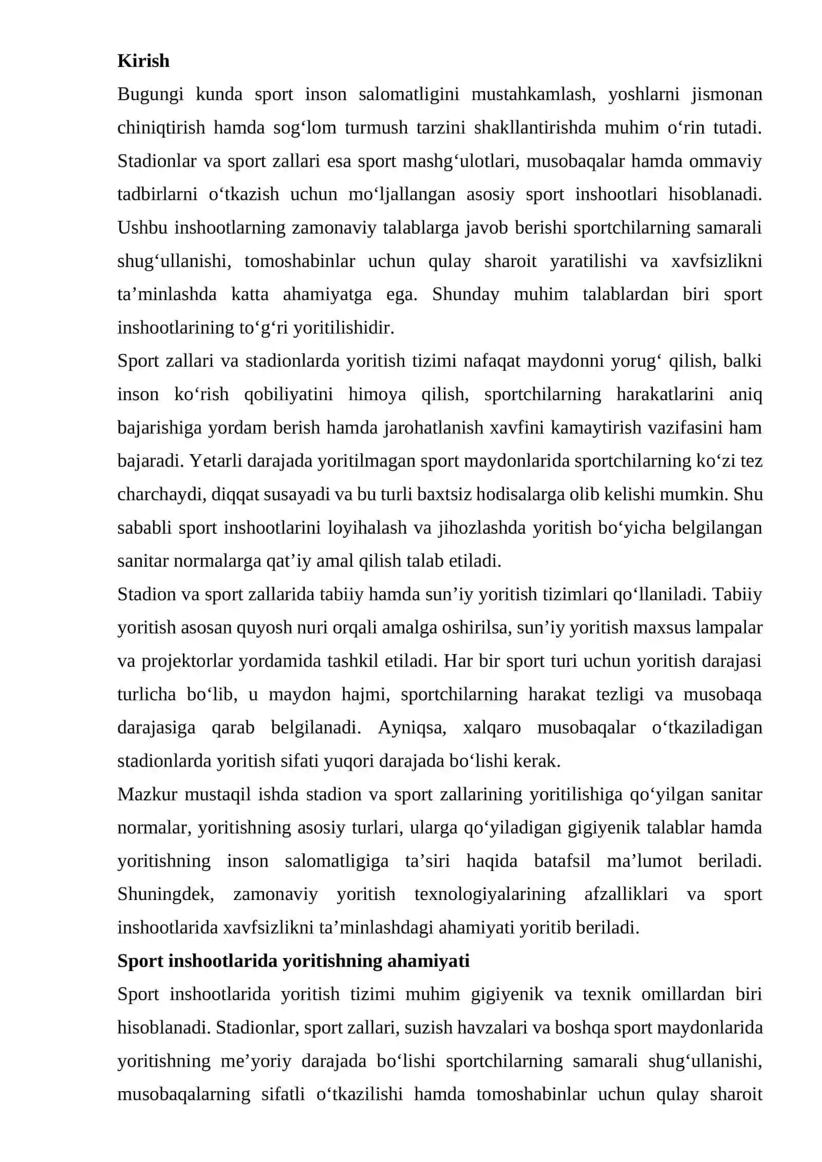 Stadion va sport zallarining yoritilishi bo’yicha qo’yilgan sanitar normalar. 2