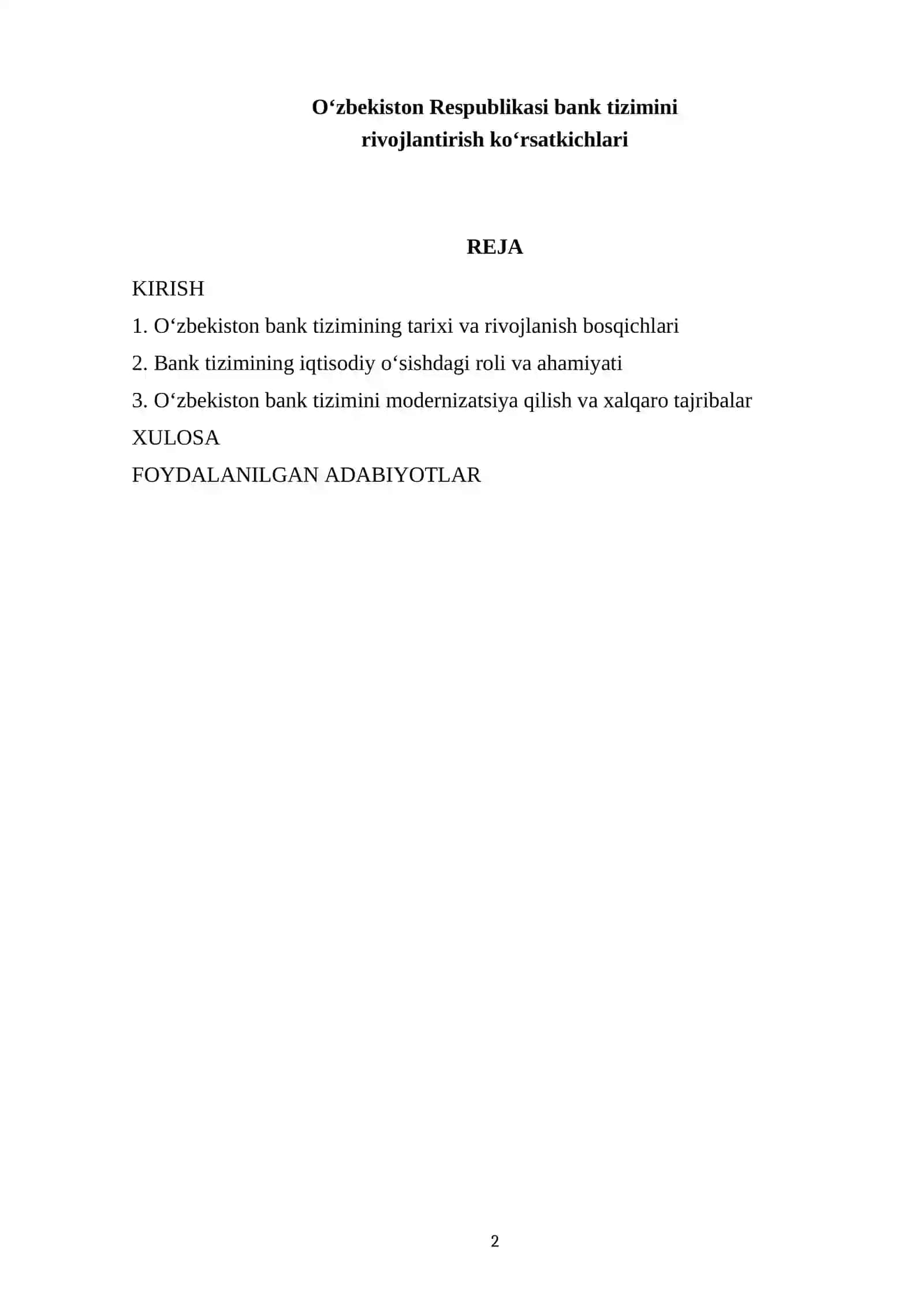 O‘zbekiston Respublikasi bank tizimini rivojlantirish ko‘rsatkichlari 2
