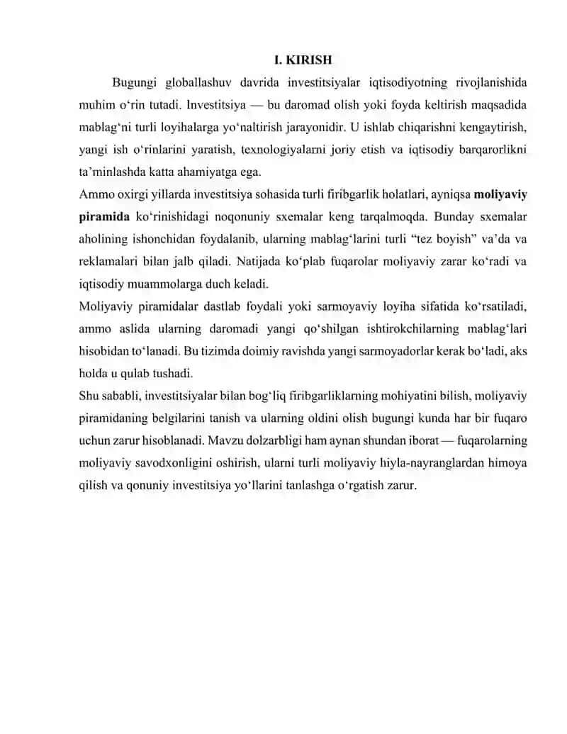 Investitsiyalar bilan boʼladigan firibgarliklar. Moliyaviy piramida va uning belgilari 2
