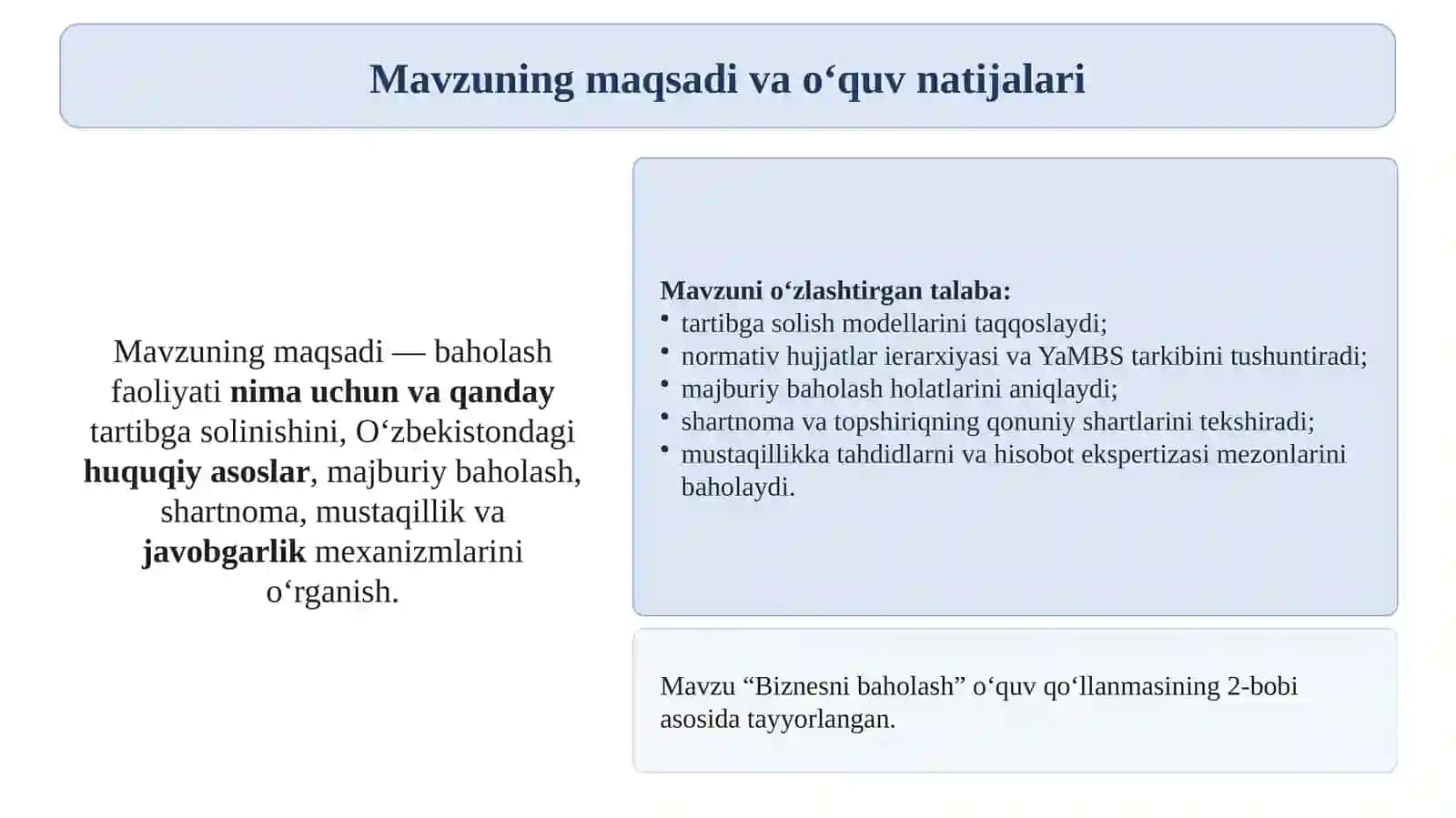 Baholash faoliyatini huquqiy va institutsional tartibga solish 2