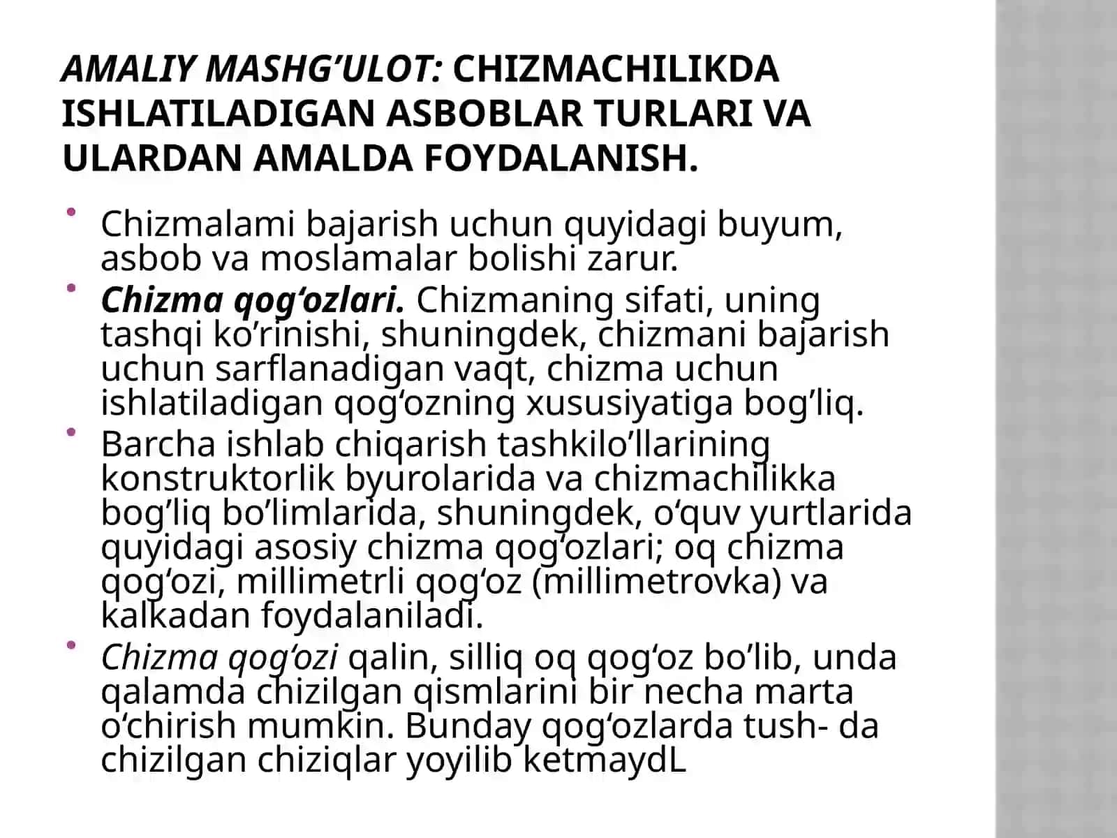Amaliy mashg’ulot:Chizmachilikda ishlatiladigan asboblar turlari va ulardan amalda foydalanish 2