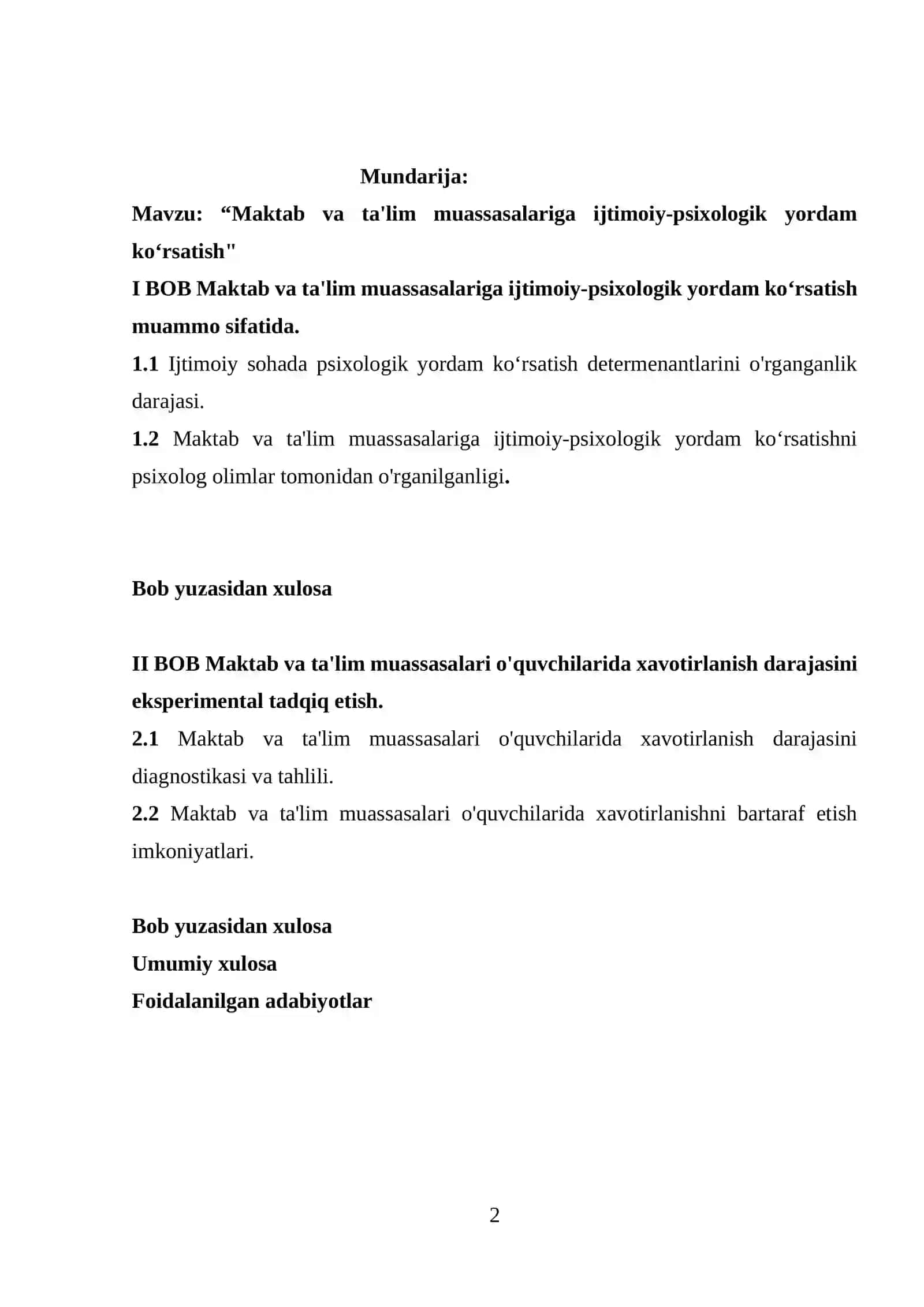 QO’QON DAVLAT UNIVERSITETI KURS ISHI "Maktab va ta'lim muassasalariga ijtimoiy-psixologik yordam ko‘rsatish" 2