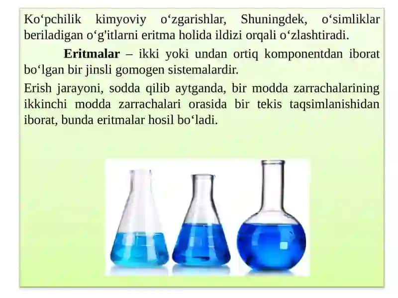 2-Ma’ruza.Eritmalar.Moddalareruvchanligi.Eritmalarningkolligativxossalari.Kislota-asoslimuvozanat.Bufersistemalar.Elektrokimyoasoslari.Elektro’tkazuvchanlik.Potensiallarninghosilbo’lishi. 2