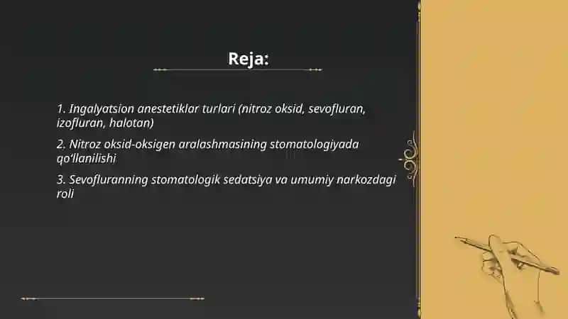 Ingalyatsion narkoz vositalari. Stomatologiyada qoʻllanilishi 2