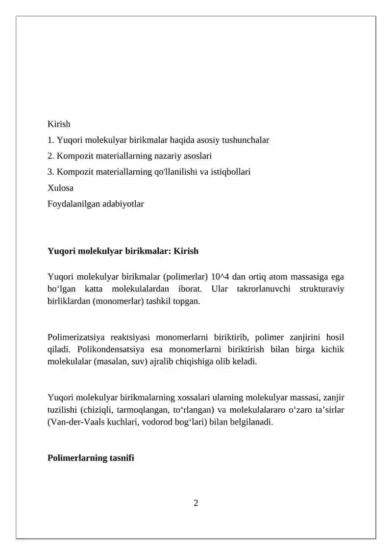 Yuqori molekulyar birikmalar haqida asosiy tushunchalar. Kompozit materiallarining nazariy asoslari 2