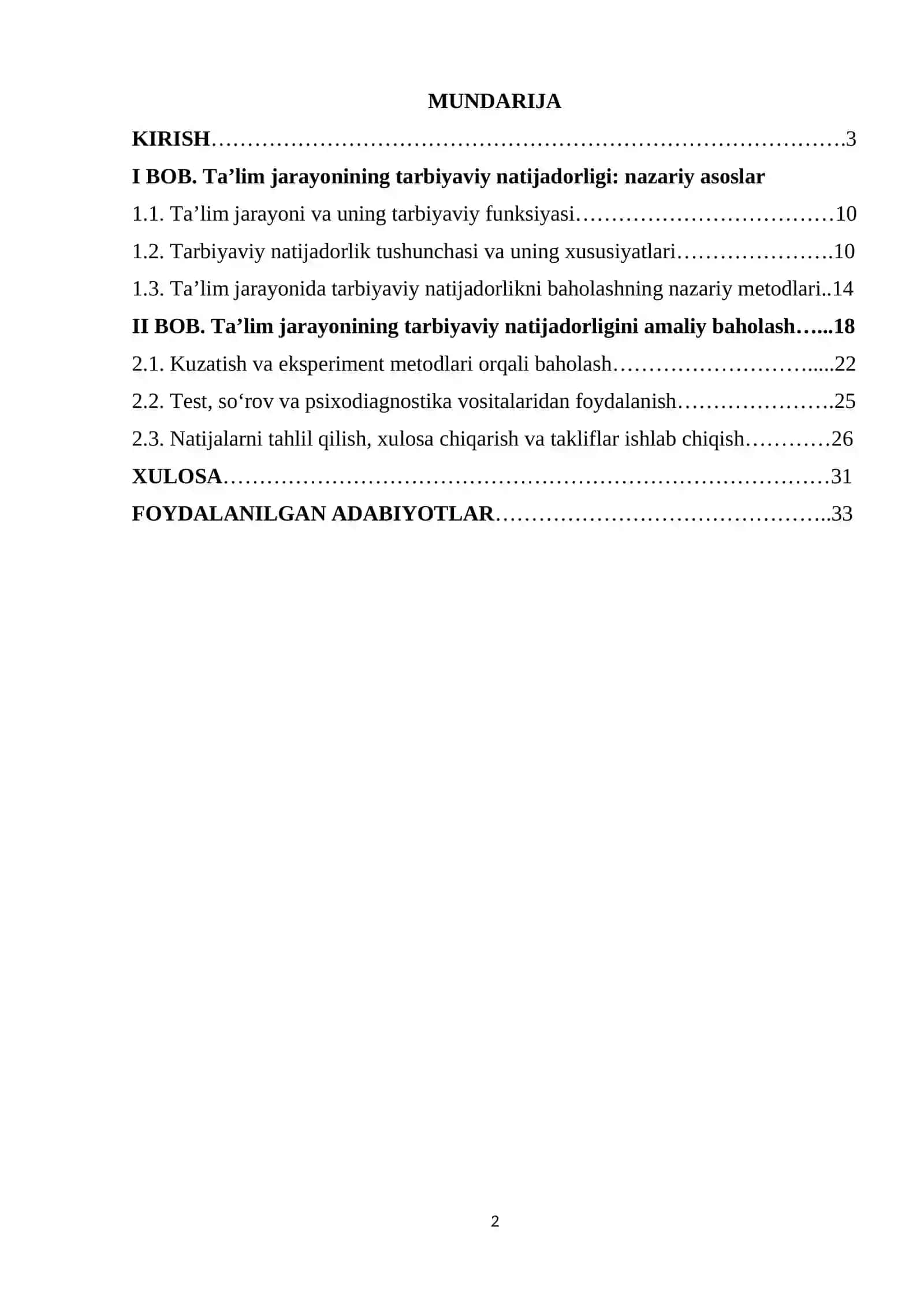 Ta‘lim jarayonining tarbiyaviy natijadorligini baholash mavzusidagi kurs ishi 2