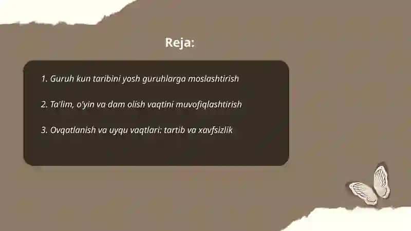 Maktabgacha ta'limdagi guruhning kun taribini to'g'ri joylashtirish 2
