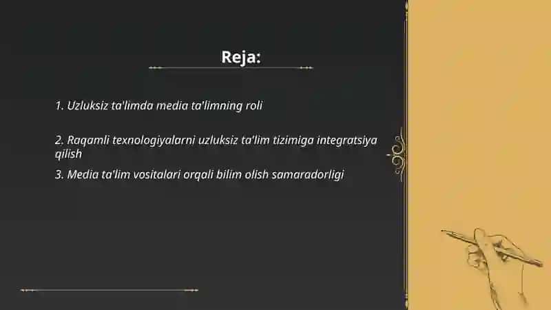 Uzluksiz ta'lim tizimiga media ta'limni tatbiq etish dolzarb pedagogik muommo Ergashova Diyorabonu 2