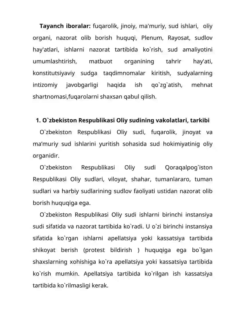 O`zbekiston Respublikasi Oliy Sudi vakolatlari 2