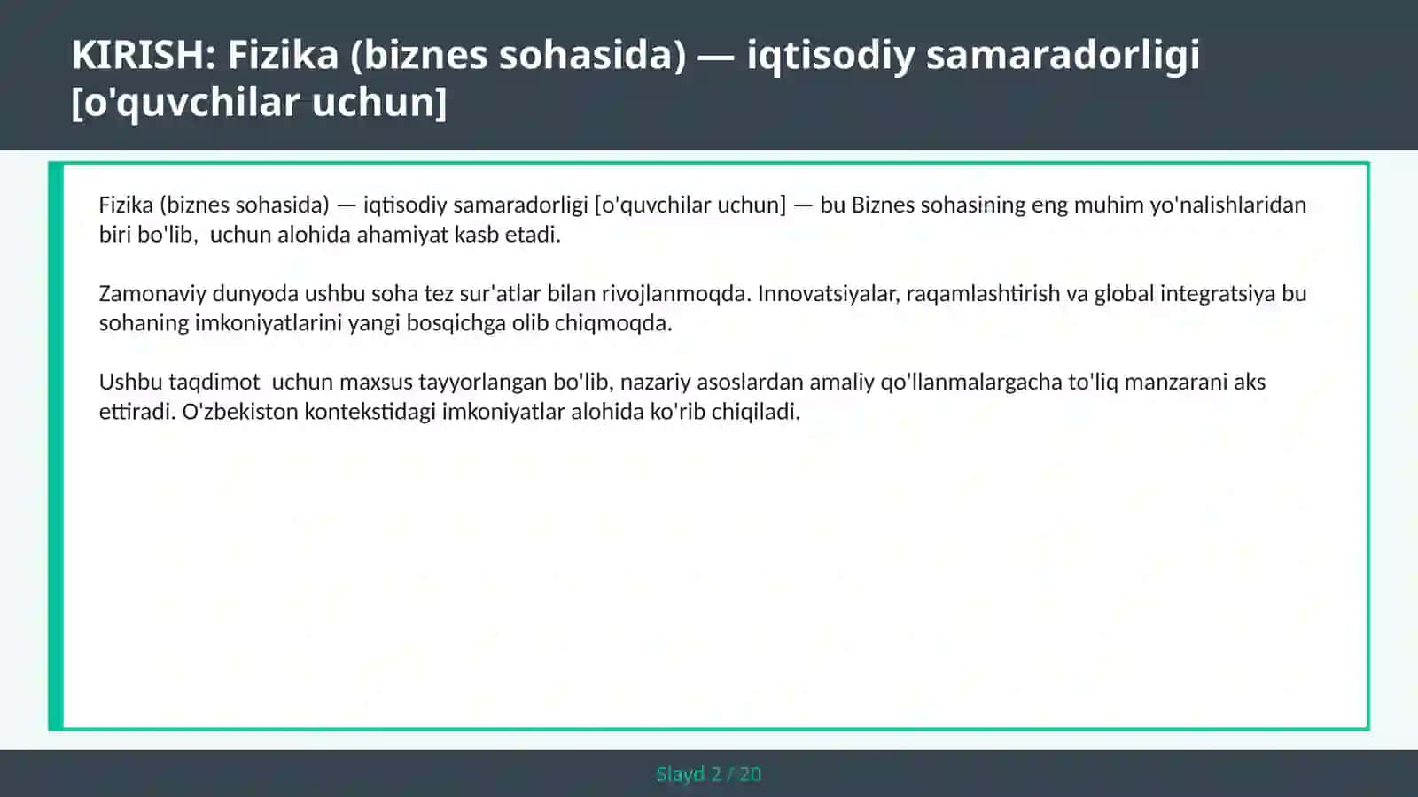 FIZIKA (BIZNES SOHASIDA) — IQTISODIY SAMARADORLIGI [O'QUVCHILAR UCHUN] 2