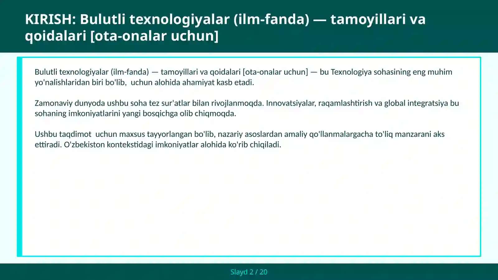 Bulutli texnologiyalar (ilm-fanda) — tamoyillari va qoidalari [ota-onalar uchun] 2