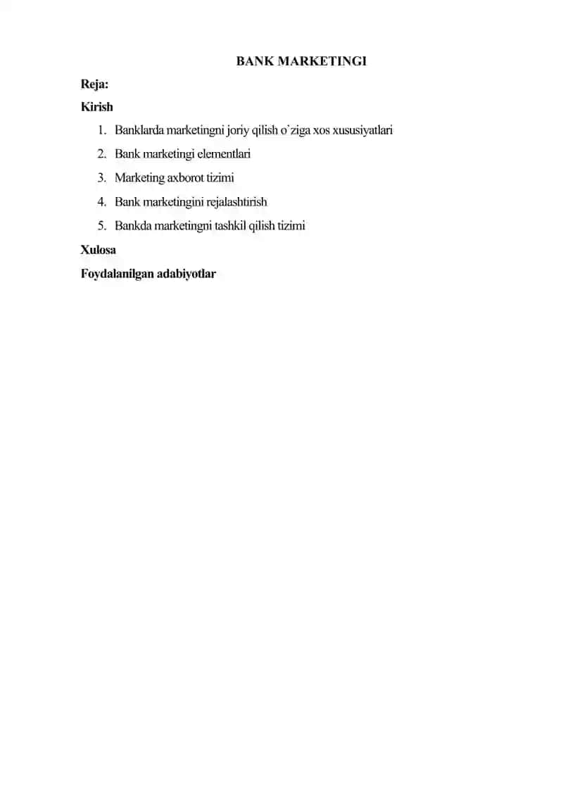 Bank marketingi mavzusida referat 2