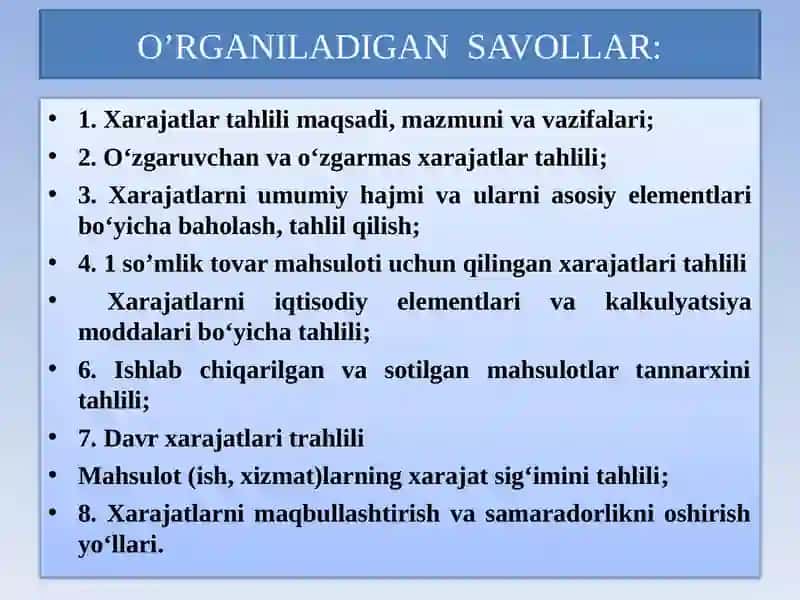 MAVZU.ISLAB CHIQARISH VA DAVR XARAJATLARI TAHLILI 2