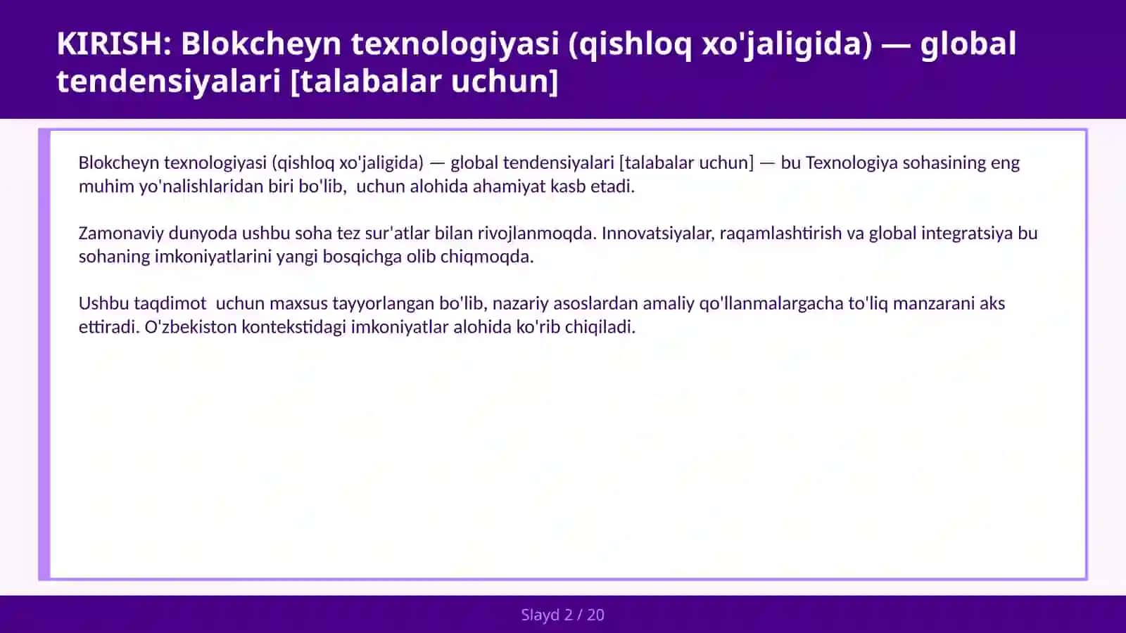 Blokcheyn texnologiyasi (qishloq xo'jaligida) — global tendensiyalari [talabalar uchun] 2