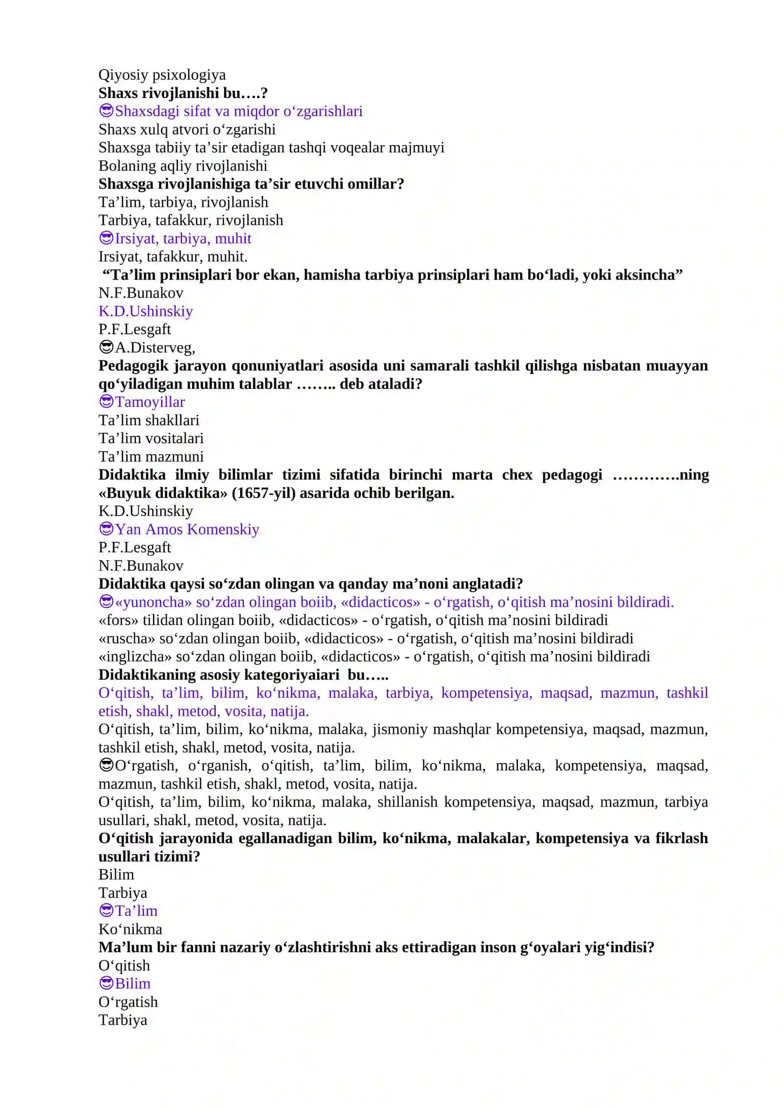 Umumiy pedagogika fanidan 200 ta test savollari va javoblar to'plami 2