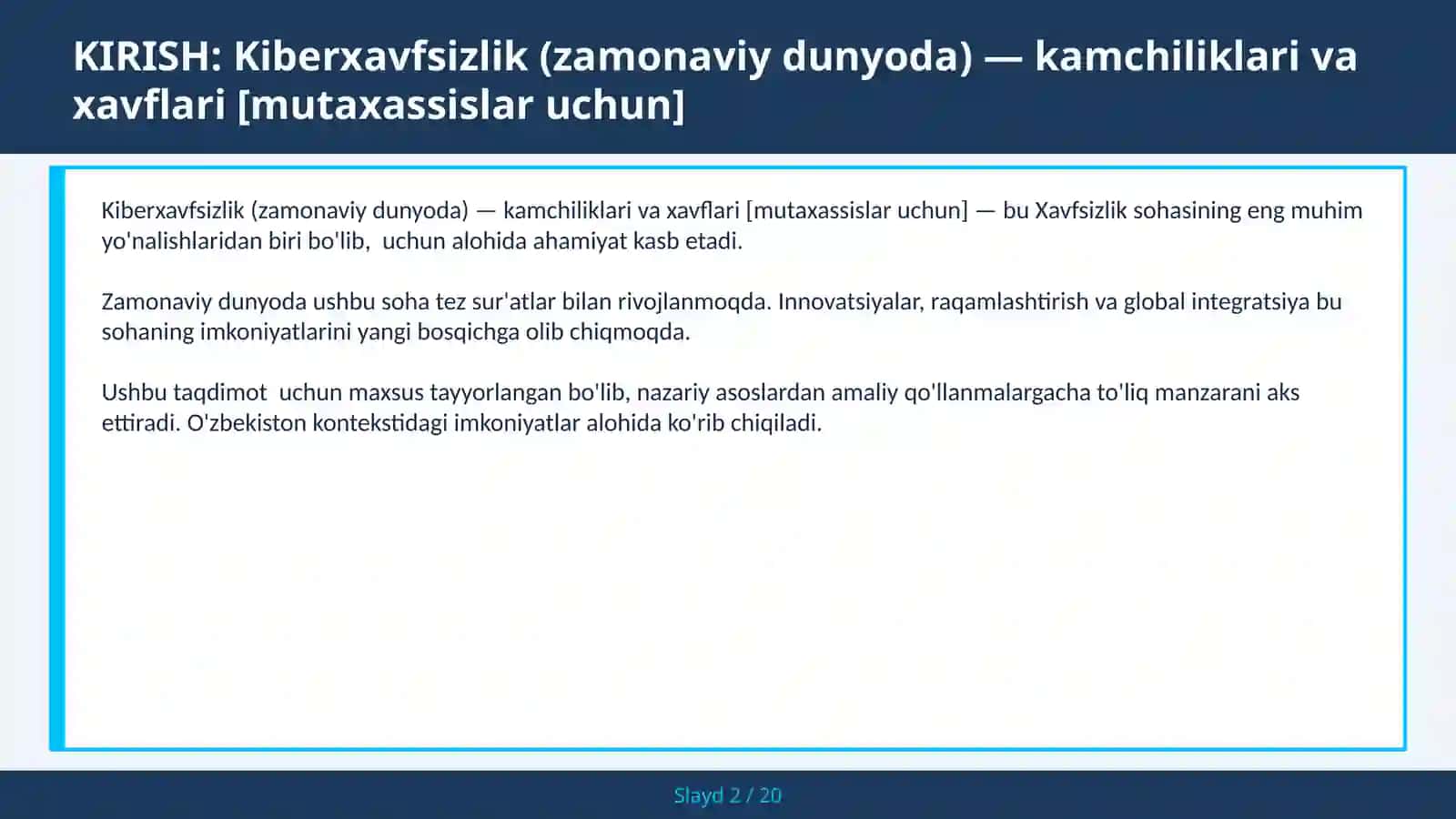 KIBERXAVFSIZLIK (ZAMONAVIY DUNYODA) — KAMCHILIKLARI VA XAVFLARI [MUTAXASSISLAR UCHUN] 2