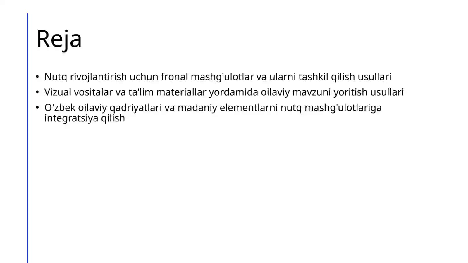 MTT da ilk qadam oquv dasturi asosida katta guruhda sentayabr oyining 3 haftasi "Men va biz oilamiz" mavsuzi boyicha nutq ostirish frontal mashguloti ishlanmasini tuzish va korgazmali vositalar asosida 2