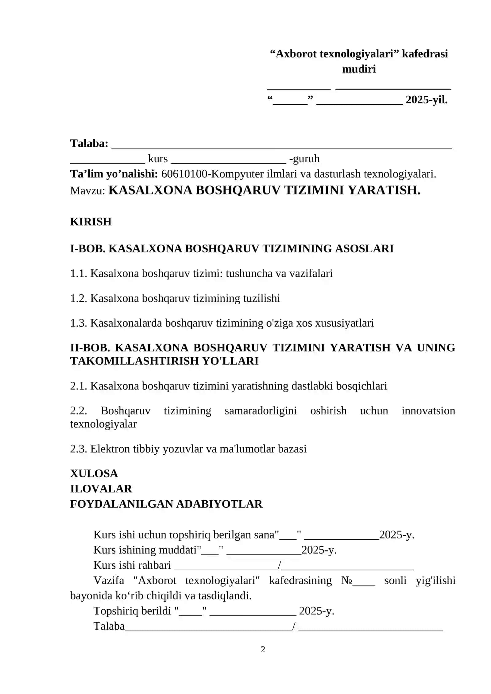 KASALXONA BOSHQARUV TIZIMINI YARATISH 2