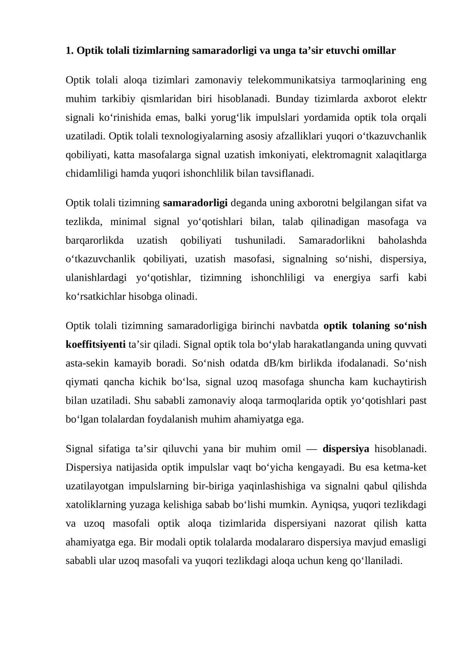 Optik tolali tizimlarning samaradorligini oshirish usullarini tahlil qilish. 2