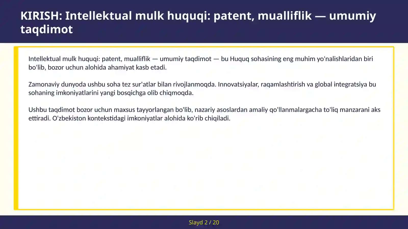 Intellektual mulk huquqi: patent, mualliflik — umumiy taqdimot 2