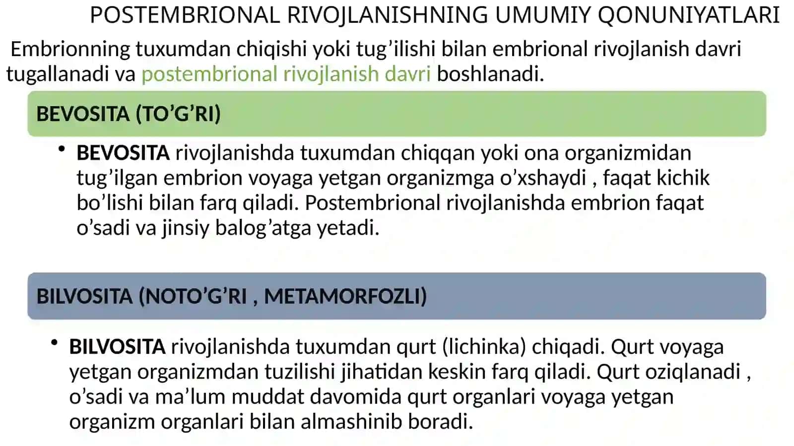 POSTEMBRIONAL RIVOJLANISHNING UMUMIY QONUNIYATLARI. GERONTOLOGIYA. REGENERATSIYA. GOMEOSTAZ. TRANSPLANTATSIYA 2