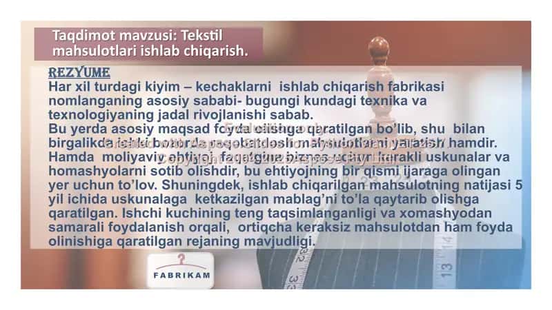 Tekstil mahsulotlari ishlab chiqarish fabrikasi 2