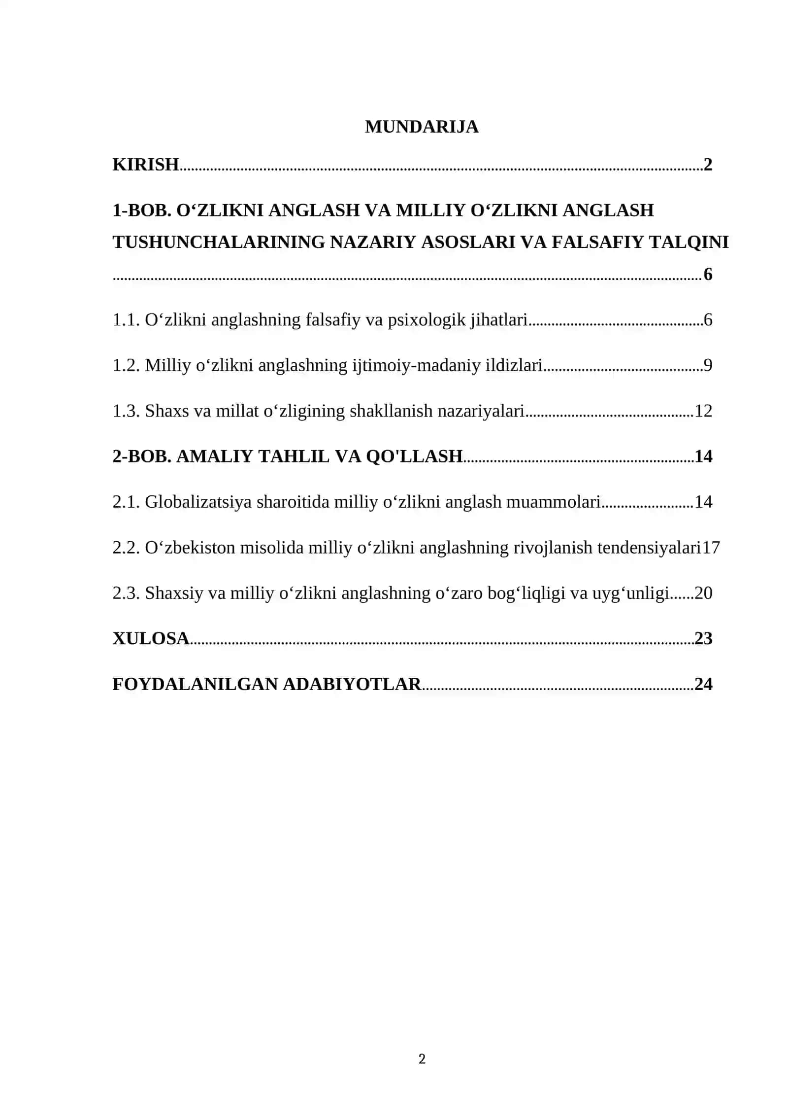 KURS ISHI "Oʻzlikni anglash milliy oʻzlikni anglash tushunchalarining mazmun va moxiyati" 2