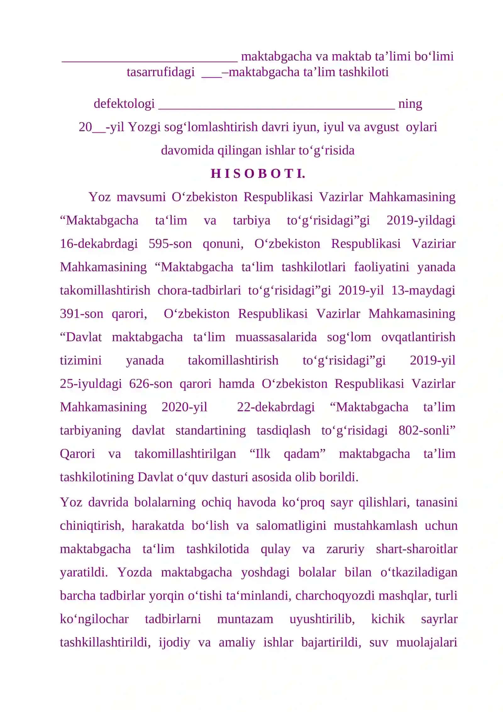 Defektologning hisoboti yoz davri 2