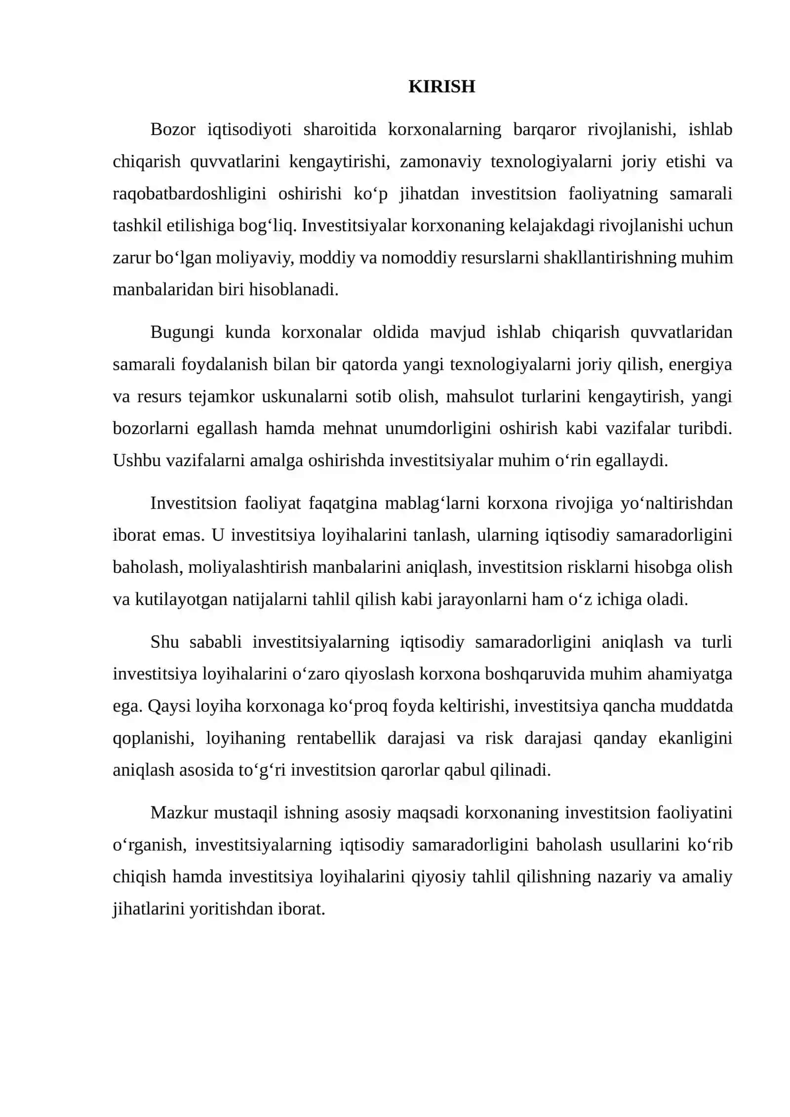 KORXONANING INVESTITSION FAOLIYATI VA INVESTITSIYALARNING IQTISODIY SAMARADORLIGINI QIYOSIY TAHLIL QILISH 2