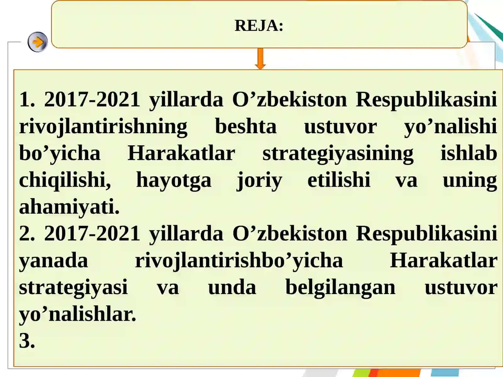 O‘ZBEKISTON RESPUBLIKASINI RIVOJLANTIRISHDA HARAKATLAR STRATEGIYASINING TUTGAN O‘RNI 2