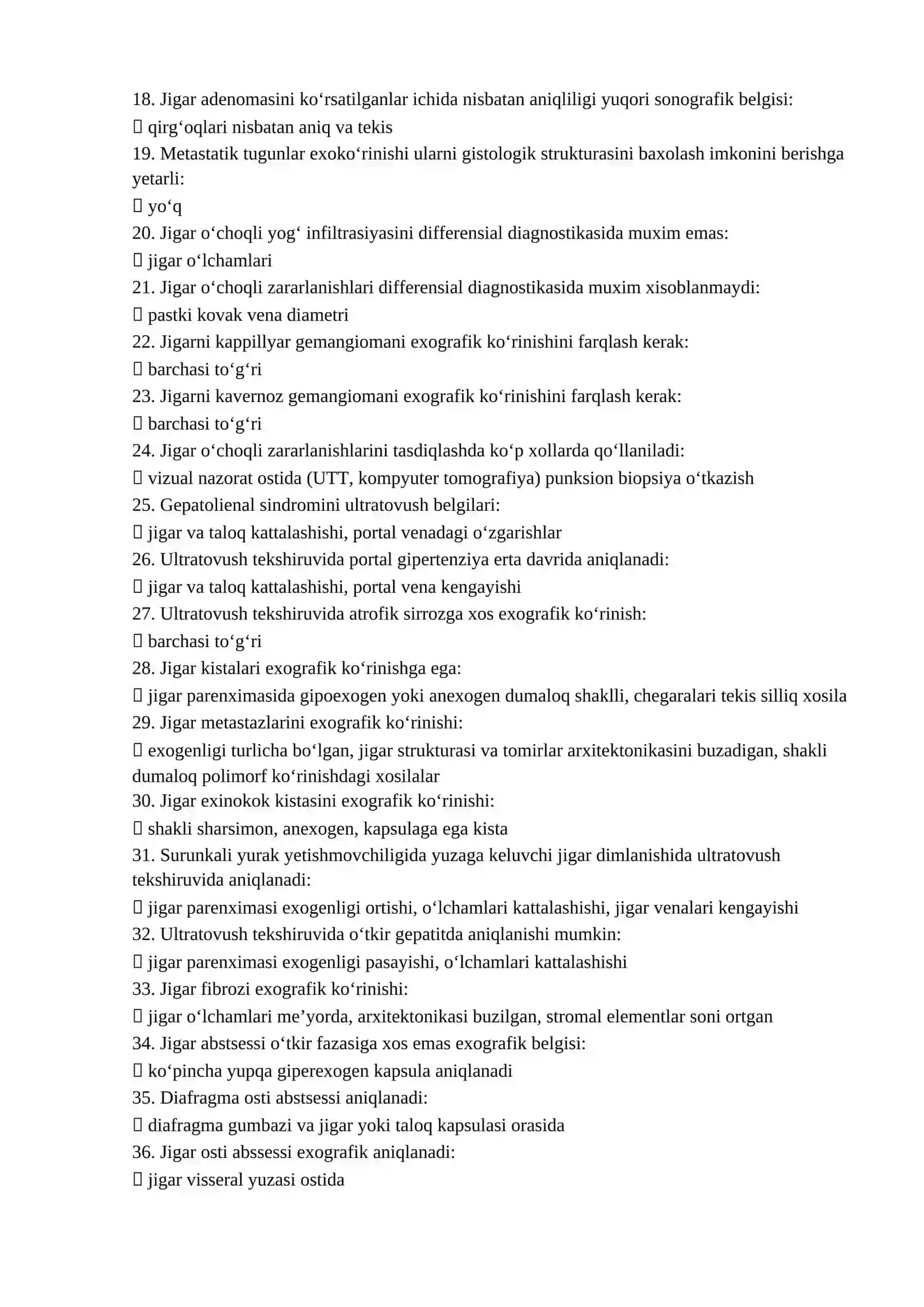Ultratovush tashxisi mutaxassisligi boʻyicha shakllantirilgan test savollari roʻyxati 2