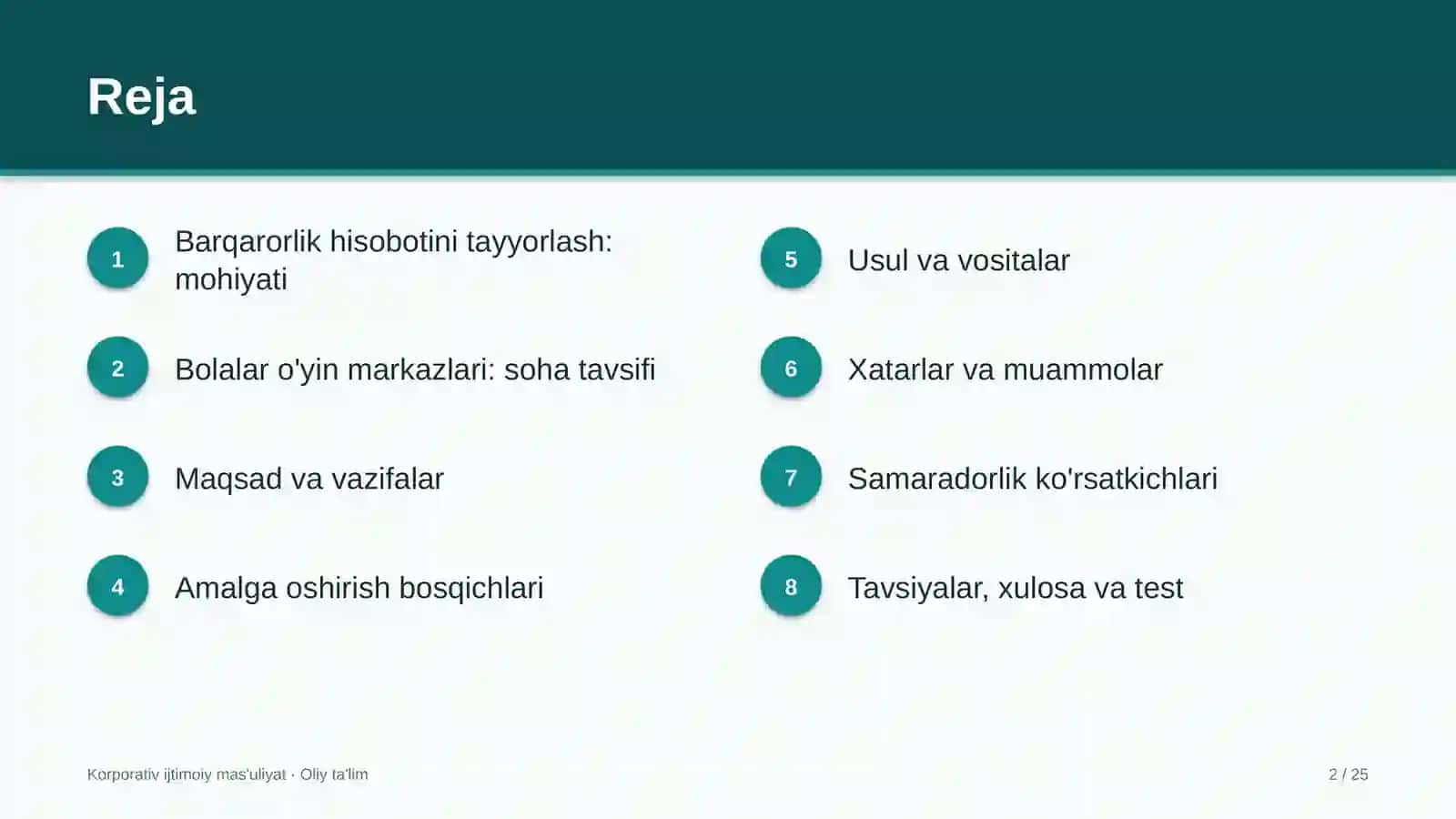 Bolalar o'yin markazlarida barqarorlik hisobotini tayyorlash 2