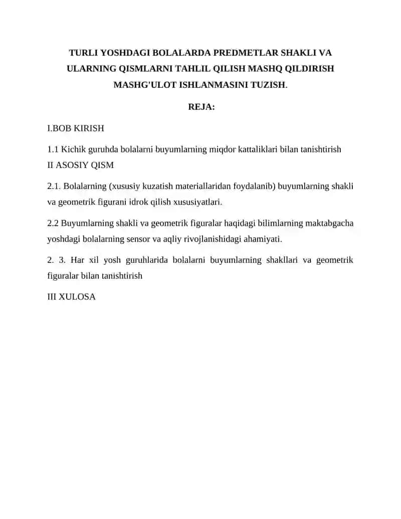 TURLI YOSHDAGI BOLALARDA PREDMETLAR SHAKLI VA ULARNING QISMLARNI TAHLIL QILISH MASHQ QILDIRISH MASHG'ULOT ISHLANMASINI TUZISH 2