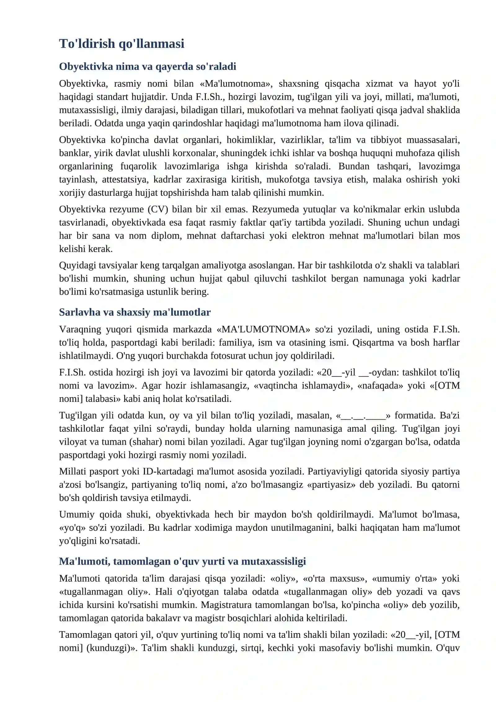 Obyektivka namunasi 2026 word malumotnoma toldirish qollanmasi bilan tayyorgarlik toplami 2