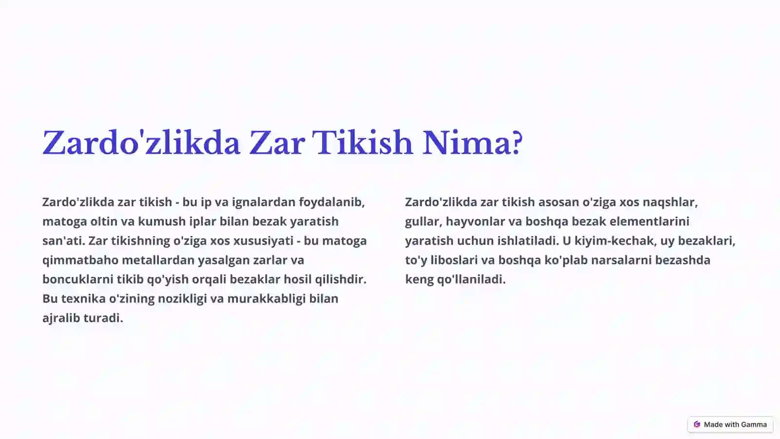 Zardo'zlikda Zar Tikish Usullari: San'at va Hunarmandchilik 2