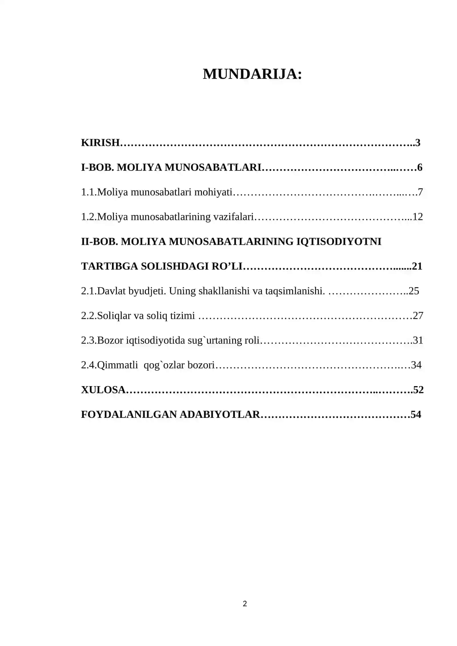 KURS ISHI: “Moliyaning mohiyati va vazifalari” 2