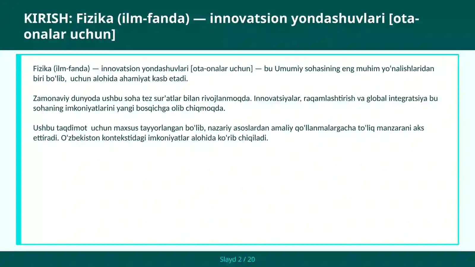 FIZIKA (ILM-FANDA) — INNOVATSION YONDASHUVLARI [OTA-ONALAR UCHUN] 2