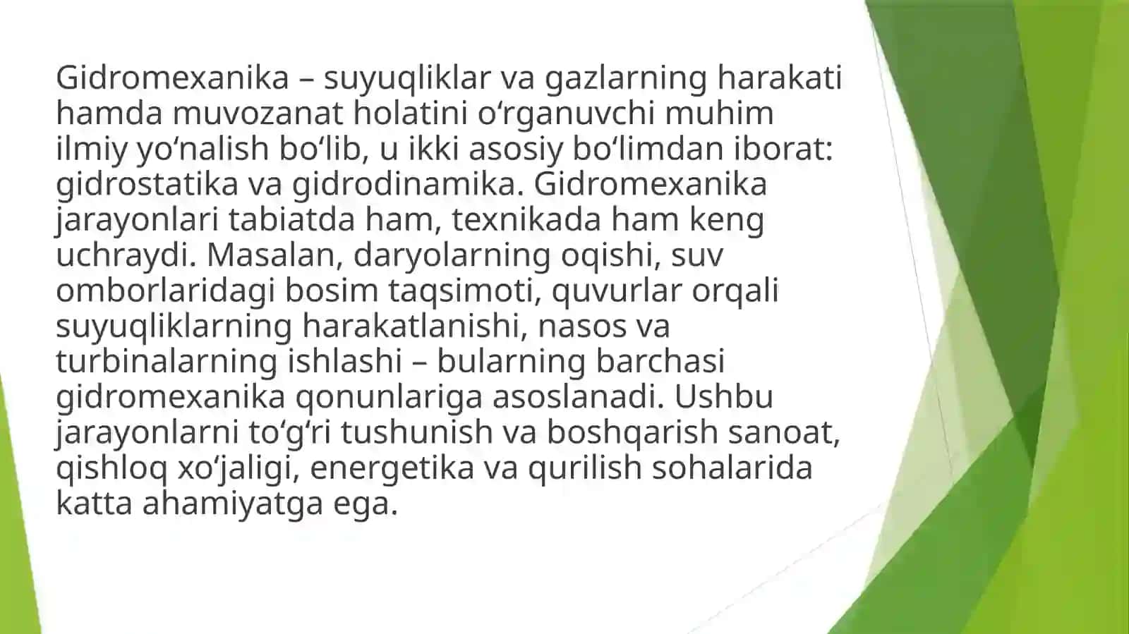Gidromexanika jarayonlar gidrostatikaning asosiy tenglamalari gidrodinamikaning asosiy qonunlari 2