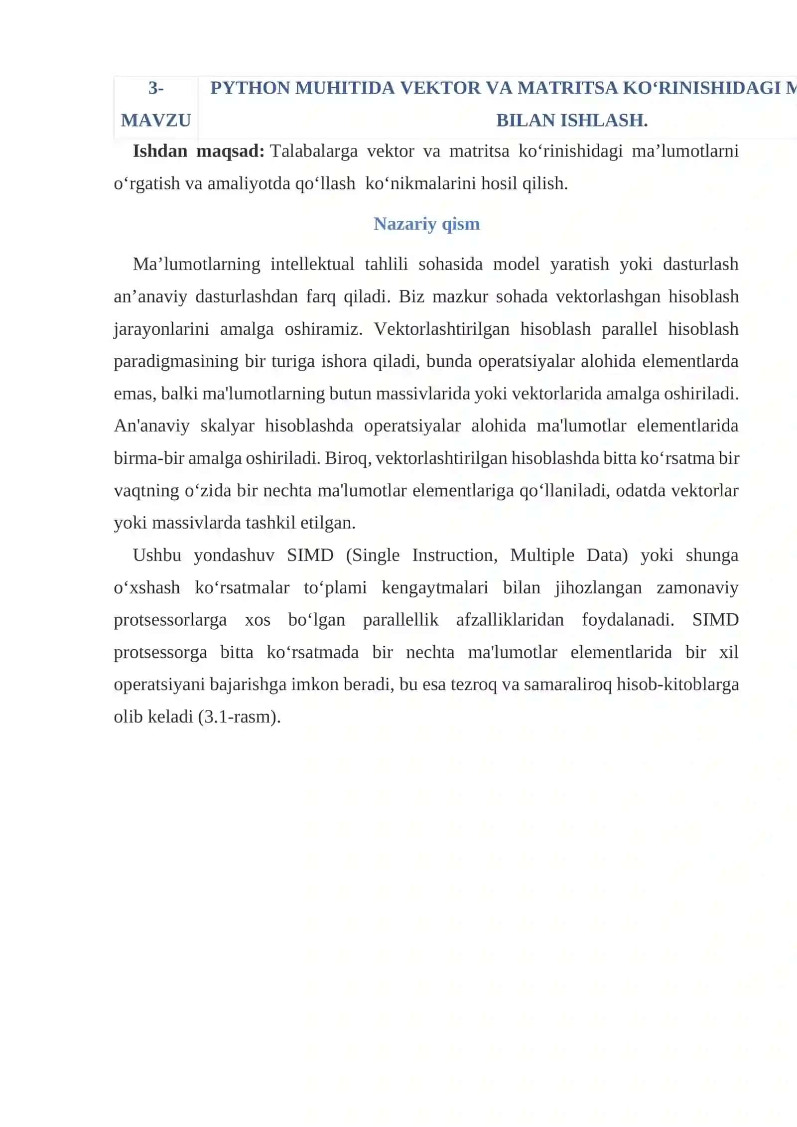 PYTHON MUHITIDA VEKTOR VA MATRITSA KO‘RINISHIDAGI MA’LUMOTLAR BILAN ISHLASH 2