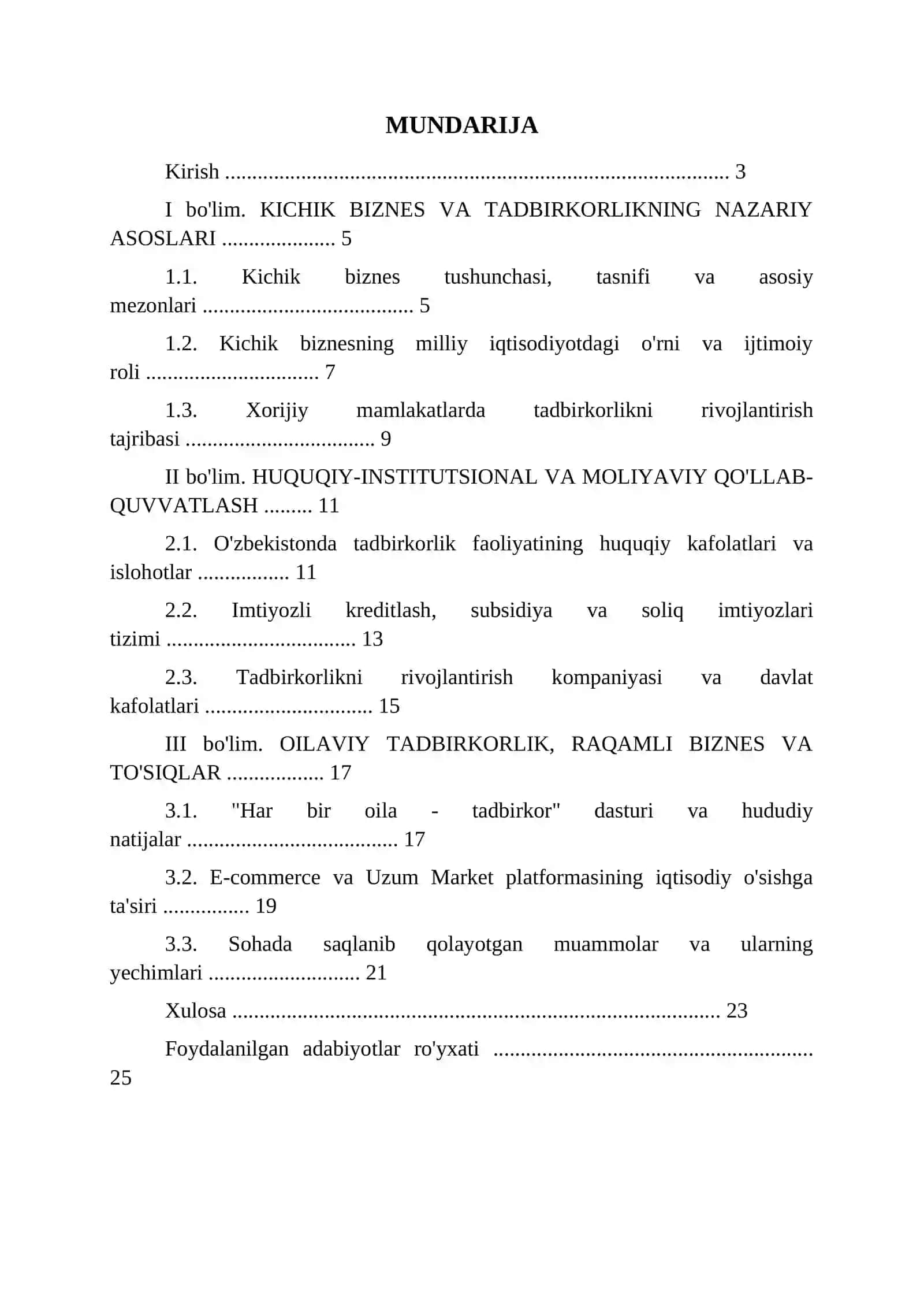 O'ZBEKISTONDA KICHIK BIZNES VA TADBIRKORLIKNI QO'LLAB-QUVVATLASH TIZIMI REFERAT 2