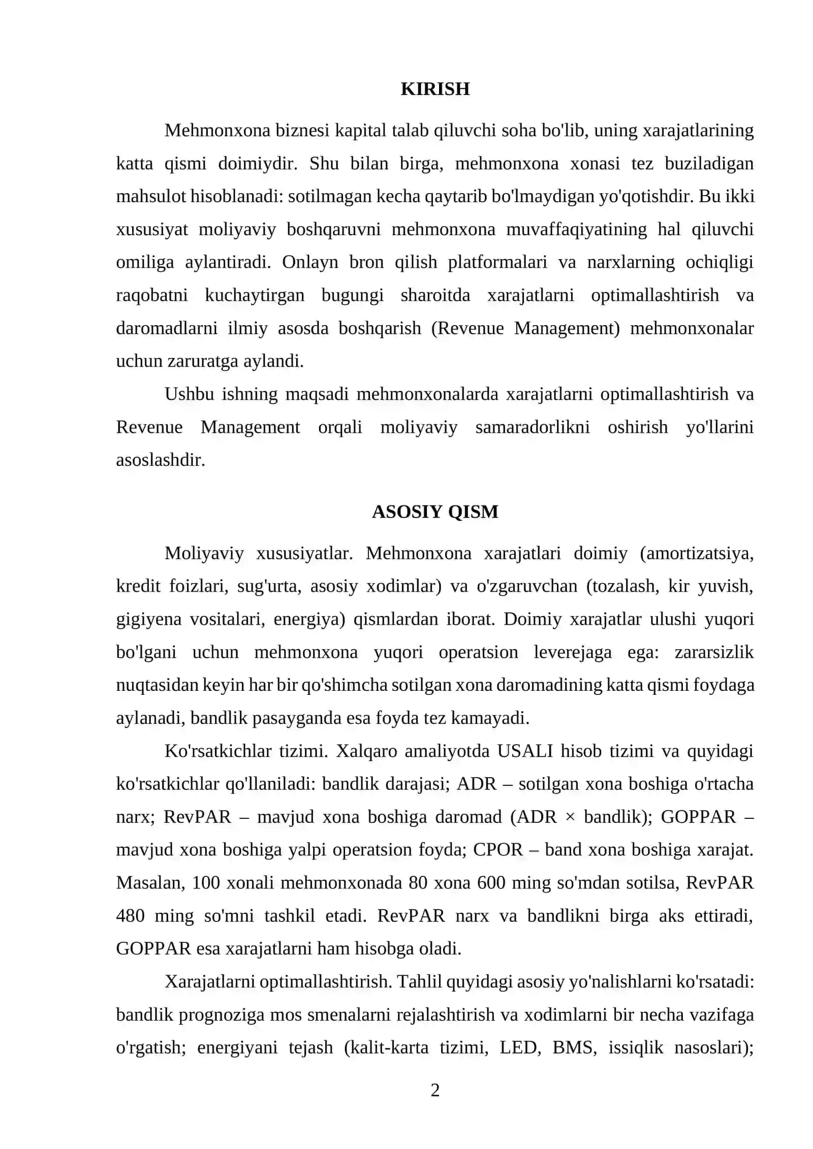 MEHMONXONALARDA DAROMADLARNI BOSHQARISH (REVENUE MANAGEMENT) VA XARAJATLARNI OPTIMALLASHTIRISH ORQALI MOLIYAVIY SAMARADORLIKNI OSHIRISH 2