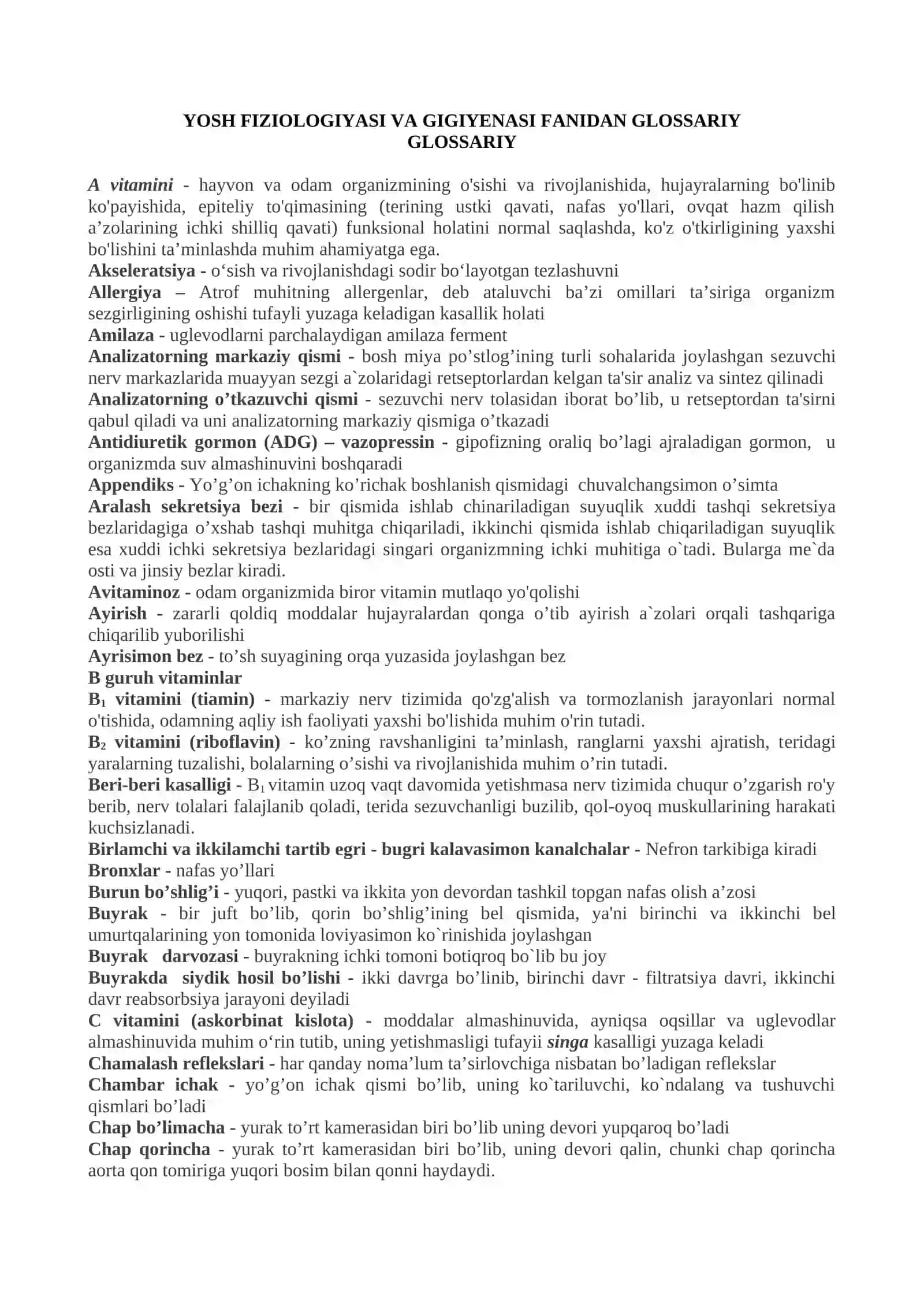 YOSH FIZIOLOGIYASI VA GIGIYENASI FANIDAN GLOSSARIY 2
