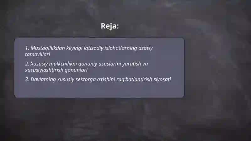 Iqtisodiy islohotlar, xususiy mulkchilikni shakillanishi, Oʻzbekistonda bozor munosabatining rivojlanishi 2